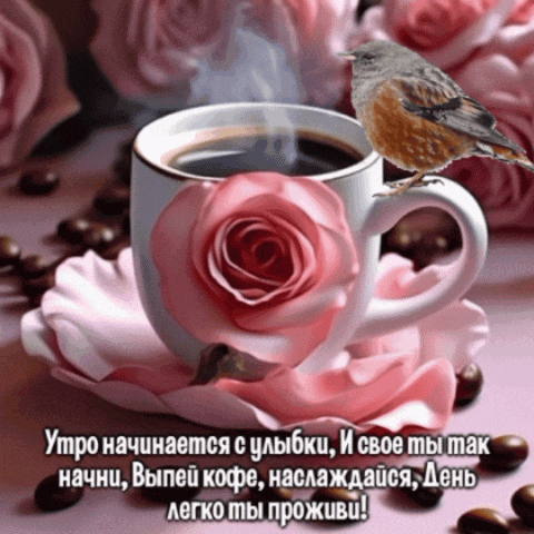 a bird sits on a cup of coffee next to a rose on a saucer