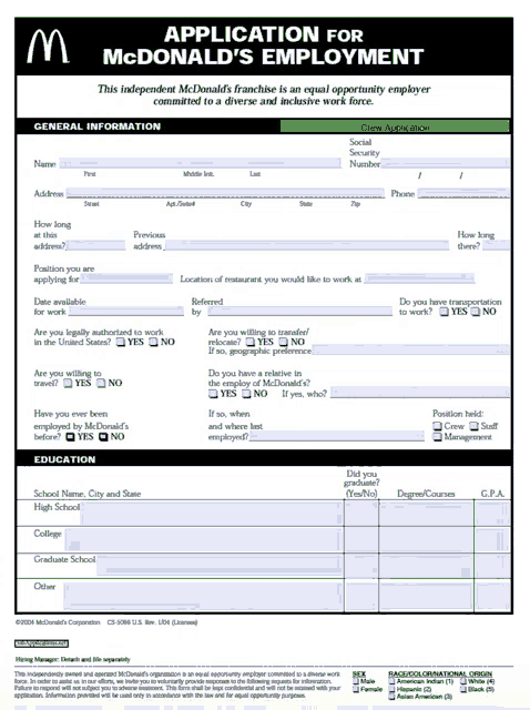 a mcdonald 's application for employment is filled out
