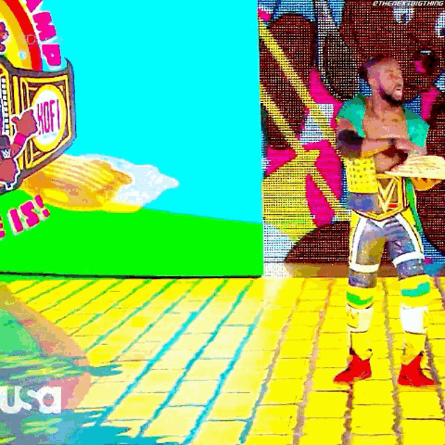 a wrestler is standing on a yellow brick floor in front of a cartoon background .
