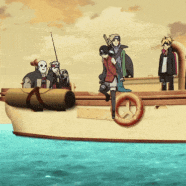 a group of anime characters are on a boat in the ocean