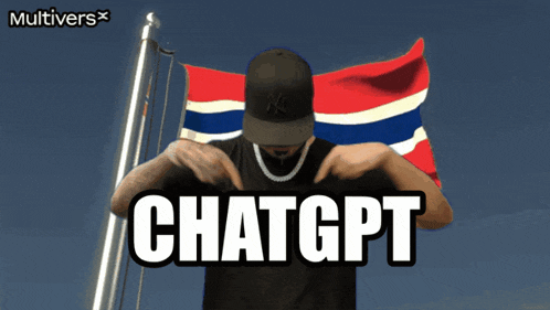a man standing in front of a flag that says chatgpt