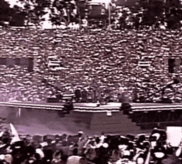 a large crowd of people are standing in a stadium watching a concert .