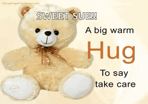 a teddy bear is sitting on a card that says sweet sue a big warm hug to say take care