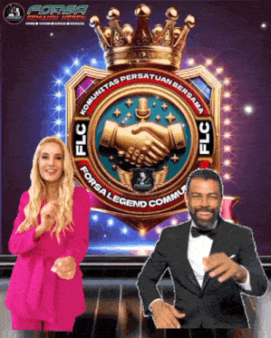a woman in a pink suit and a man in a black tuxedo are dancing in front of a forsa logo