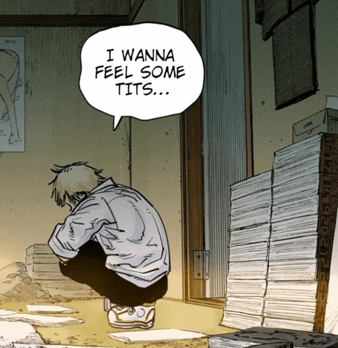 a cartoon of a man kneeling down with a speech bubble saying i wanna feel some tits