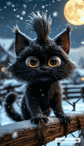 a black cat with a mohawk on its head is sitting on a wooden railing