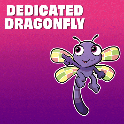 a cartoon dragonfly with the words " dedicated dragonfly " behind it