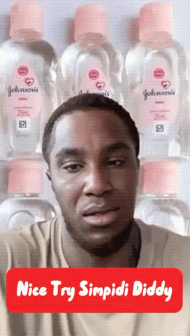a man stands in front of a row of bottles of johnson 's baby oil