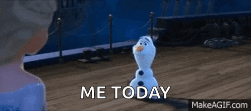 a snowman is standing on a wooden floor next to a woman and says me today .