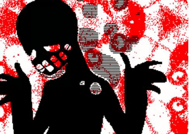 a black and white drawing of a person with blood on their face