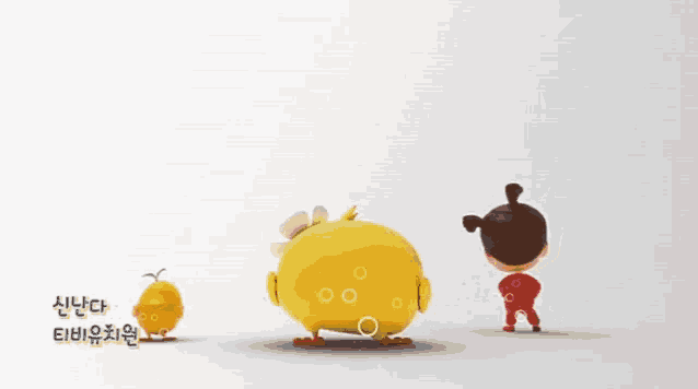 a girl and a chicken are standing next to each other in a cartoon
