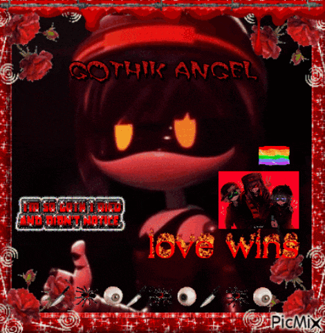 a picture of a gothic angel with the words love wins on the bottom