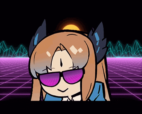 a cartoon of a girl wearing sunglasses with a purple background