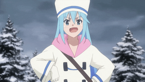 a girl with blue hair and a white hat stands in the snow