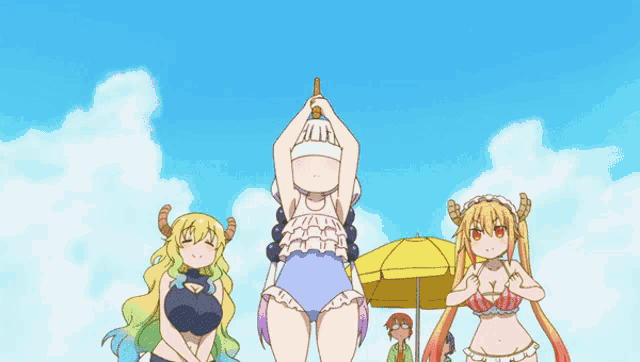 a group of anime girls standing next to each other with one holding an umbrella