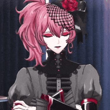 a girl with pink hair is wearing a black dress