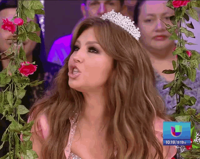 a woman wearing a tiara and a pink dress on a television screen