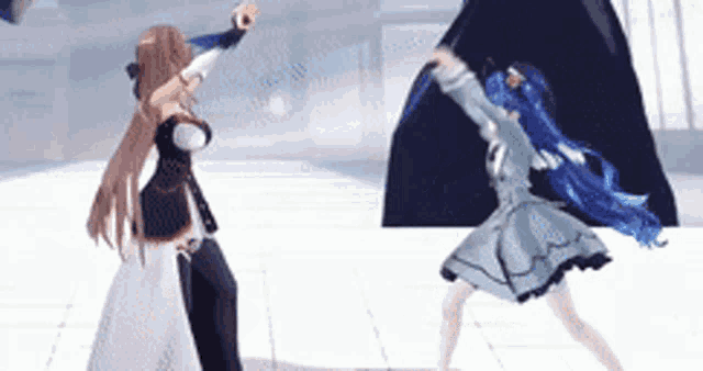 two anime girls are dancing in a room with a black object in the background