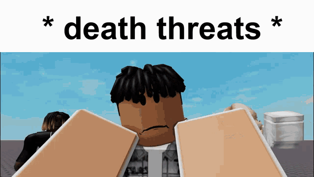 a picture of a person with the words death threats on it