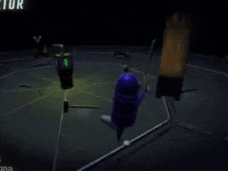 a person is playing a video game with a red monster .