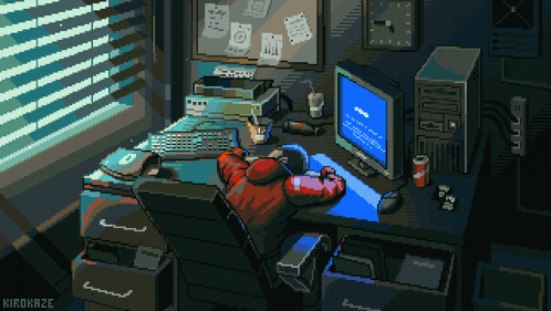 a pixel art drawing of a man sitting at a desk with a computer and the name kirokaze at the bottom
