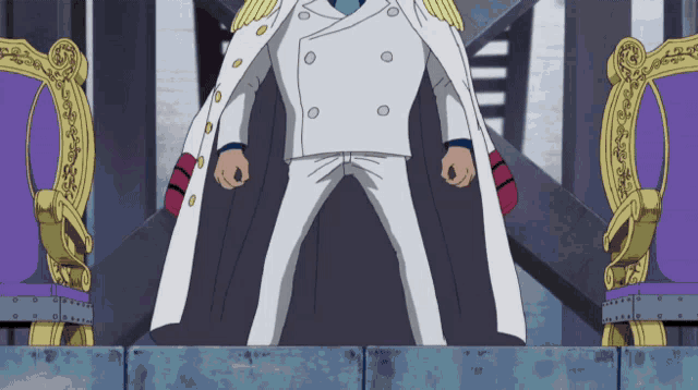 a cartoon character in a white coat stands in front of a throne