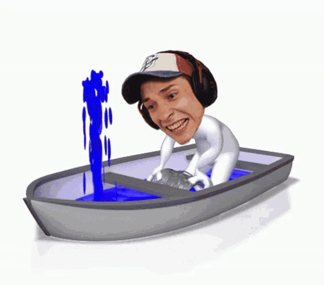a man wearing headphones is in a boat with a bucket full of blue paint