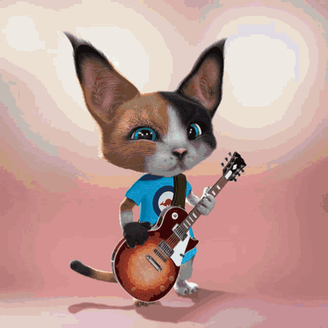 a cartoon cat is holding a guitar and wearing a blue shirt with the letter c on it