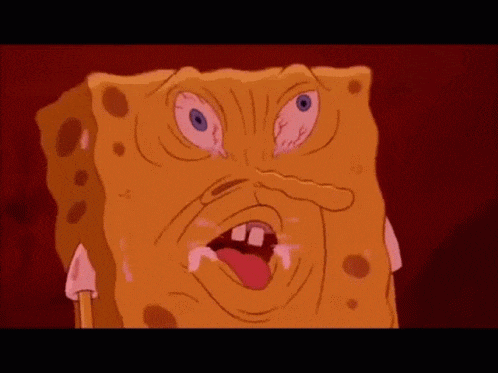 a cartoon of spongebob squarepants making a funny face with his tongue hanging out .