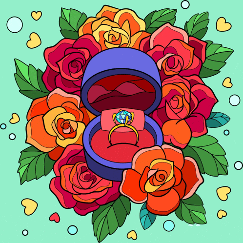 a ring in a blue box surrounded by roses and hearts