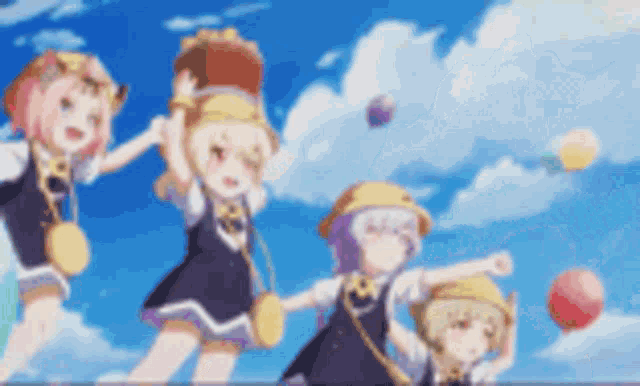 a group of anime girls are playing with balloons