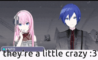 a girl with pink hair and a boy with blue hair are standing next to each other and they are a little crazy : 3