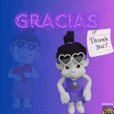 a cartoon girl holding a heart and a note that says gracias