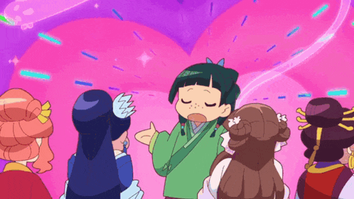 a group of anime characters are standing around a girl in a green shirt