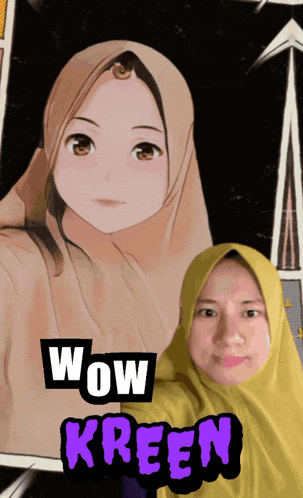 a woman wearing a yellow hijab is standing in front of a cartoon character with the words wow kreen above her