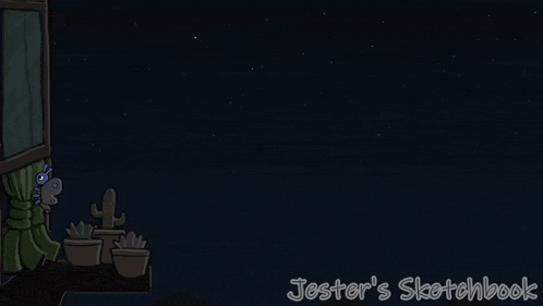 jester 's sketchbook shows a blue cartoon character