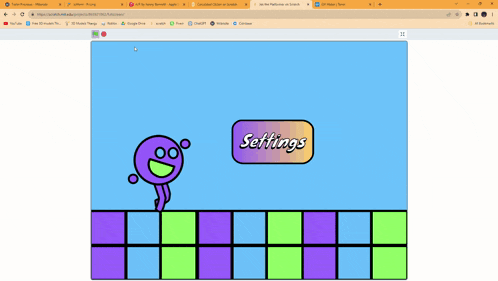 a computer screen shows a settings button with a purple character on it