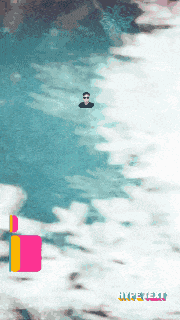 a man is swimming in a pool with a pink square in the corner that says ' ulreen '