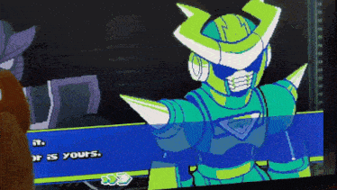 a video game screen shows a green robot with horns and the words " yours " on the bottom
