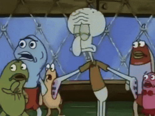 a group of cartoon characters are standing around squidward from spongebob squarepants