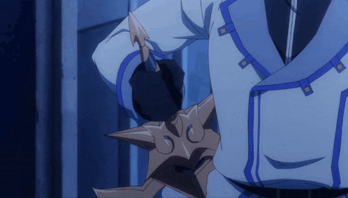a man in a blue suit is holding a sword in his hand