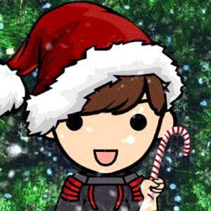 a cartoon boy wearing a santa hat holds a candy cane