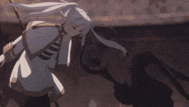 a girl with white hair and blue eyes is looking down at something