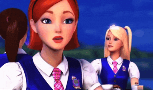 a girl with red hair is wearing a blue vest with a badge that says ' barbie ' on it