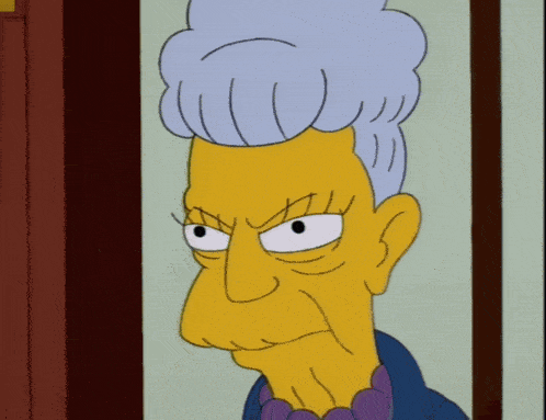 a cartoon of a woman with gray hair and a purple necklace