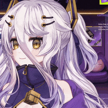 a close up of a girl 's face with a purple background and the words hello chat at the bottom