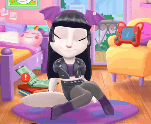 a cartoon cat is sitting on the floor with her eyes closed in a room
