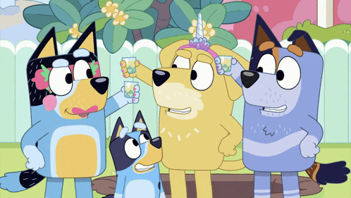 a group of cartoon dogs are standing next to each other in a yard