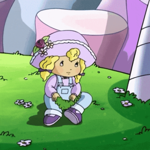 a cartoon girl wearing a purple hat and overalls sits on the grass