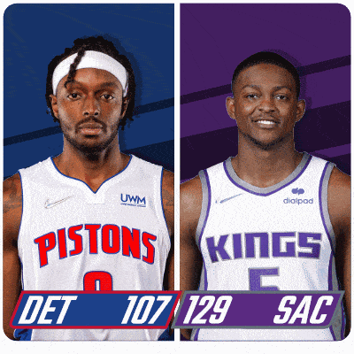 two basketball players from the pistons and the kings are standing next to each other